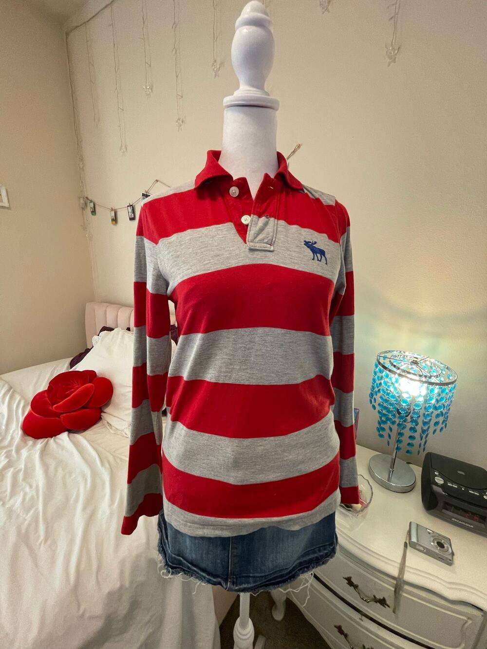 grey and red vintage abercrombie long sleeve stripe polo top *read discription*